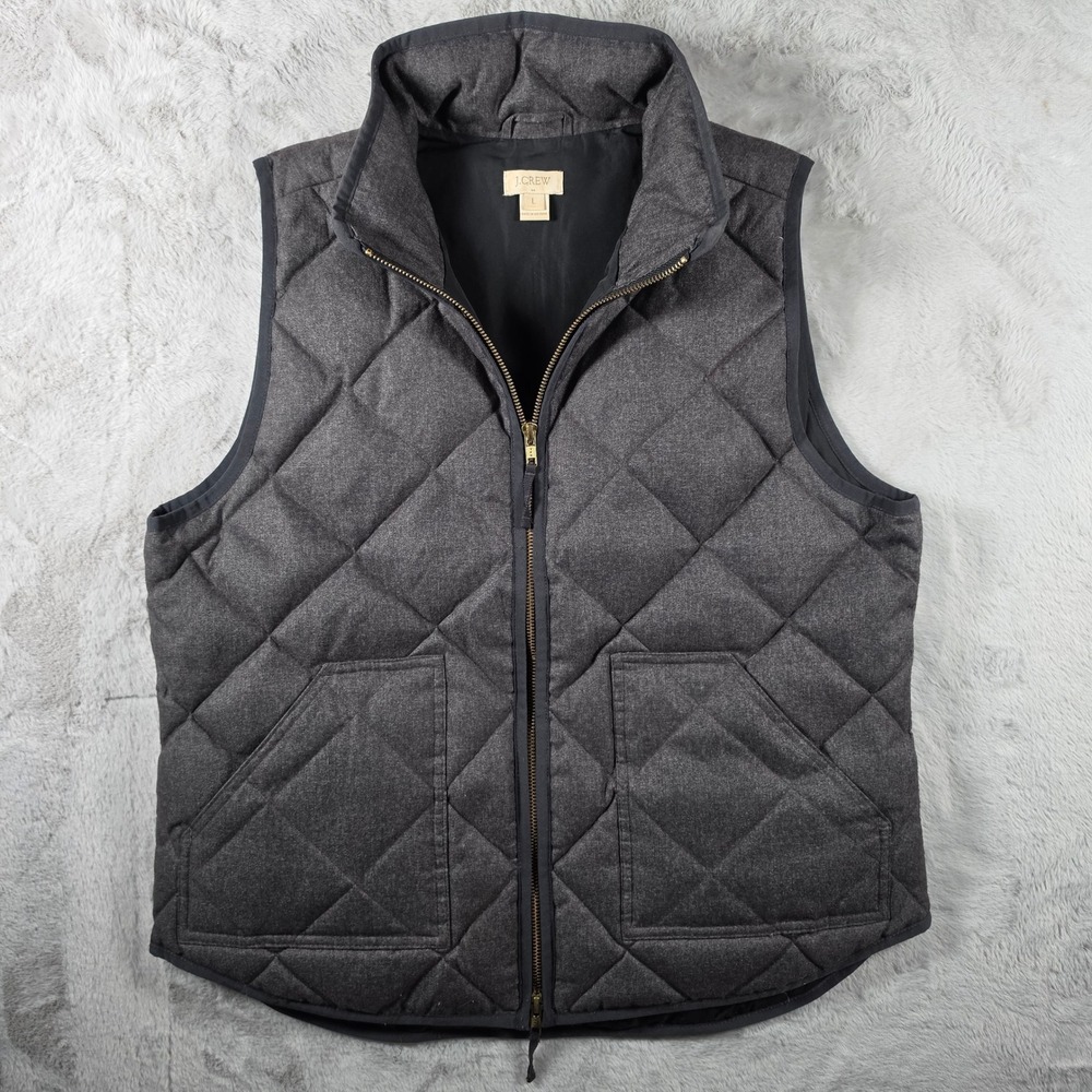 J.Crew Quilted Puffer Vest Men Large Charcoal Grey Herringbone‎ Wool Blend Zip